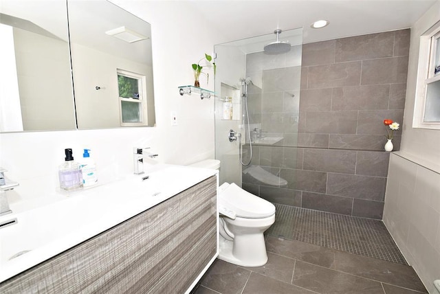 38 Loretta Dr, Syosset, NY 11791 - full bathroom featuring vanity, walk in shower, tile patterned flooring, and recessed lighting