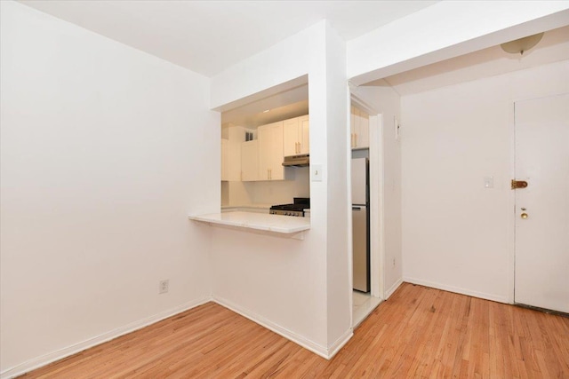 400 E 17th St Unit 600, Brooklyn, NY 11226 - kitchen with light countertops, light wood finished floors, freestanding refrigerator, range, and white cabinetry