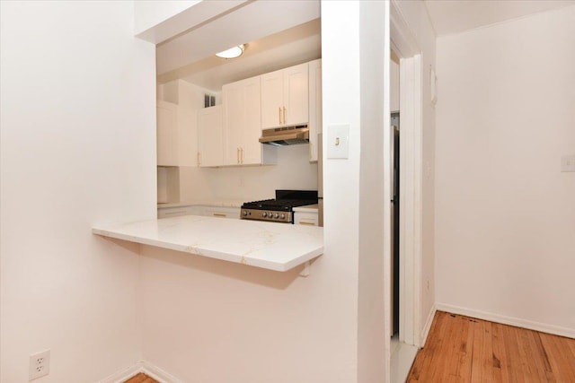 400 E 17th St Unit 600, Brooklyn, NY 11226 - kitchen featuring under cabinet range hood, stove, light wood finished floors, light stone counters, and white cabinets