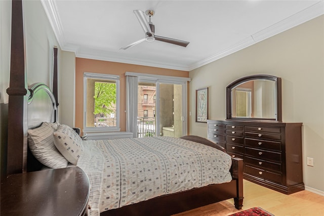 55 Oceana Dr E Unit 1B, Brooklyn, NY 11235 - bedroom featuring crown molding, light wood-type flooring, access to outside, and ceiling fan