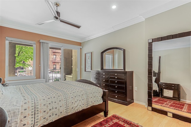 55 Oceana Dr E Unit 1B, Brooklyn, NY 11235 - bedroom with wood finished floors, crown molding, access to exterior, and ceiling fan