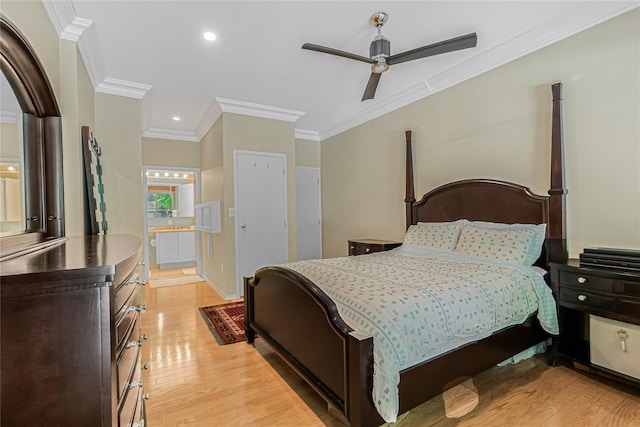 55 Oceana Dr E Unit 1B, Brooklyn, NY 11235 - bedroom with ornamental molding, light wood-style flooring, connected bathroom, recessed lighting, and ceiling fan