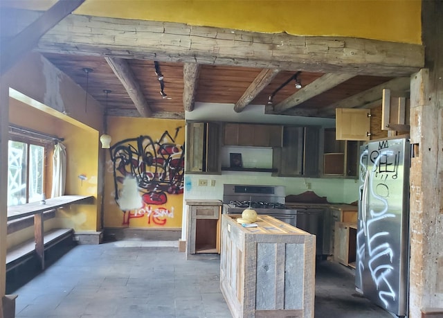 785 S St, Plattekill, NY 12528 - kitchen featuring appliances with stainless steel finishes, a wood ceiling with exposed beams, a kitchen island, and rail lighting