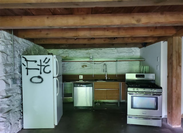 785 S St, Plattekill, NY 12528 - kitchen with appliances with stainless steel finishes, unfinished concrete floors, dark countertops, and beam ceiling