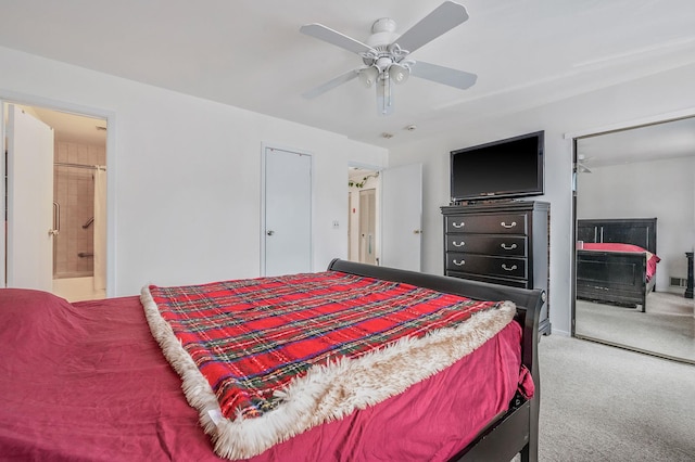 199 Cambridge Dr E, Copiague, NY 11726 - bedroom with light carpet, a ceiling fan, and ensuite bathroom