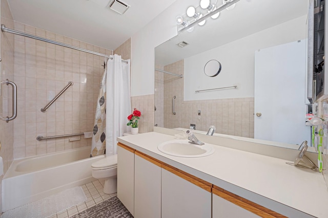 199 Cambridge Dr E, Copiague, NY 11726 - full bathroom with shower / bath combo, tile walls, vanity, and tile patterned flooring