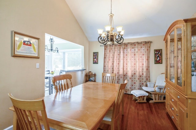 21 Hillvale Rd, Syosset, NY 11791 - dining room featuring a chandelier, dark wood-style floors, and lofted ceiling