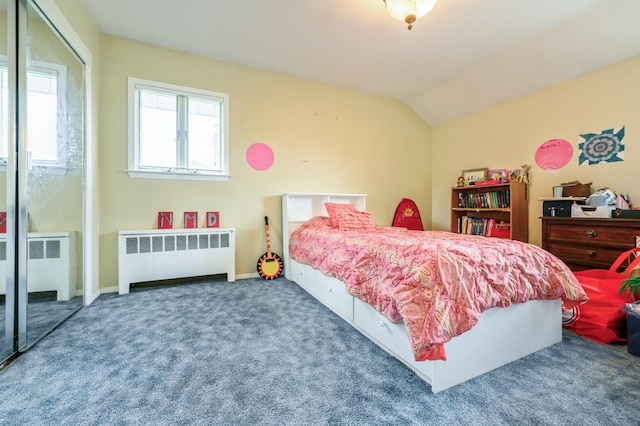 21 Hillvale Rd, Syosset, NY 11791 - carpeted bedroom featuring radiator heating unit, a closet, and vaulted ceiling
