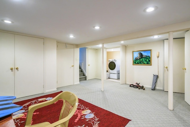 21 Hillvale Rd, Syosset, NY 11791 - finished basement with washer / dryer, carpet, stairs, and recessed lighting
