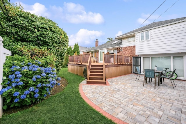 21 Hillvale Rd, Syosset, NY 11791 - view of patio featuring a deck, outdoor dining space, stairs, and an attached garage