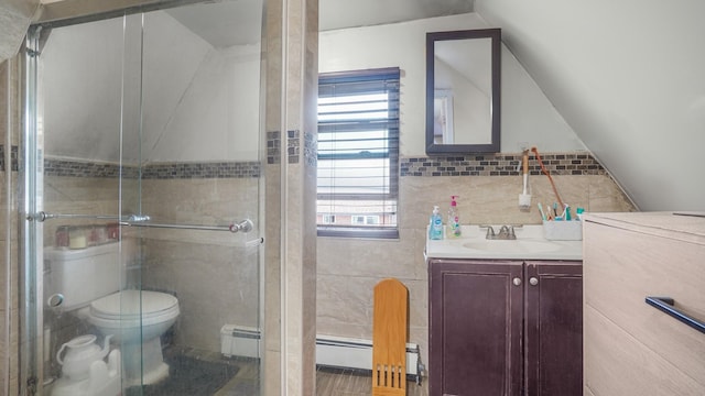 164-02 107th Ave, Jamaica, NY 11433 - full bathroom featuring tile walls, vanity, a stall shower, baseboard heating, and lofted ceiling