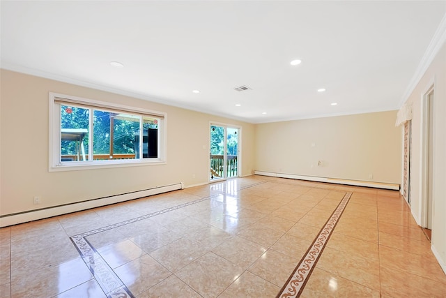 15 Linden St, Great Neck, NY 11021 - spare room with ornamental molding, baseboard heating, inlaid floor details, a baseboard heating unit, and recessed lighting
