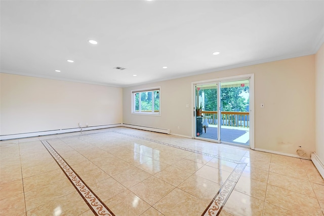 15 Linden St, Great Neck, NY 11021 - spare room featuring ornamental molding, inlaid floor details, recessed lighting, and a baseboard radiator