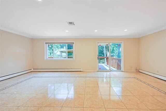 15 Linden St, Great Neck, NY 11021 - spare room featuring healthy amount of natural light, crown molding, recessed lighting, inlaid floor details, and a baseboard radiator