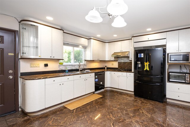 15 Linden St, Great Neck, NY 11021 - kitchen featuring black appliances, under cabinet range hood, dark countertops, white cabinets, and recessed lighting
