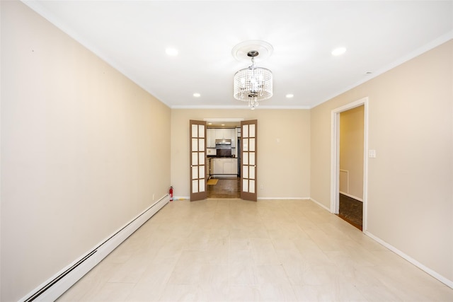 15 Linden St, Great Neck, NY 11021 - unfurnished room featuring a baseboard radiator, recessed lighting, a chandelier, ornamental molding, and french doors