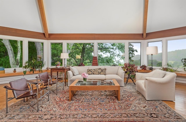 3778 State Route 82, Ancramdale, NY 12503 - living room featuring beamed ceiling, high vaulted ceiling, and wood finished floors