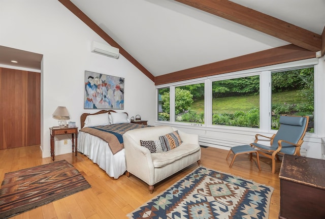 3778 State Route 82, Ancramdale, NY 12503 - bedroom with a wall unit AC, beamed ceiling, light wood-style floors, and high vaulted ceiling