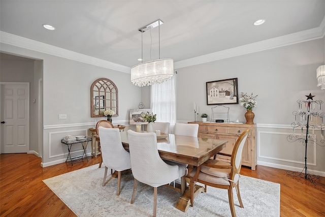 53 Quail Ln, Brewster, NY 10509 - dining area with a chandelier, ornamental molding, a wainscoted wall, light wood-type flooring, and recessed lighting