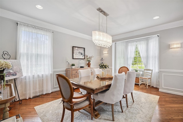 53 Quail Ln, Brewster, NY 10509 - dining room featuring a chandelier, ornamental molding, a wainscoted wall, recessed lighting, and wood finished floors