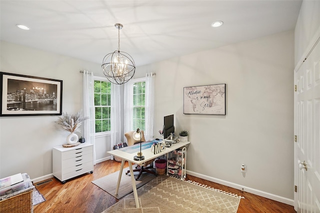 53 Quail Ln, Brewster, NY 10509 - office space featuring a chandelier, wood finished floors, and recessed lighting