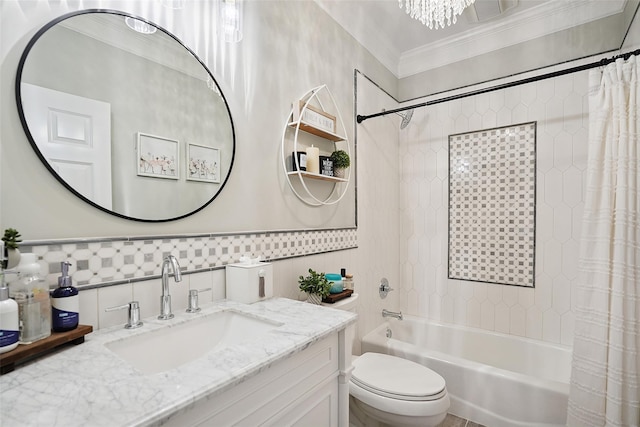53 Quail Ln, Brewster, NY 10509 - full bath with shower / tub combo, vanity, tile walls, crown molding, and a chandelier
