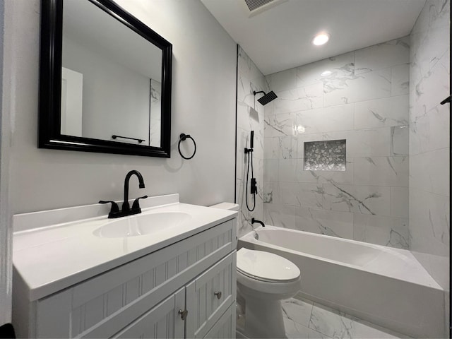 96 Baybright Dr, Shirley, NY 11967 - full bathroom with marble look tiles, vanity, shower / washtub combination, and recessed lighting