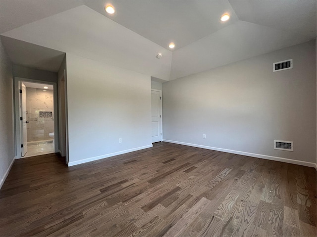 96 Baybright Dr, Shirley, NY 11967 - unfurnished room with vaulted ceiling, dark wood-style floors, and recessed lighting