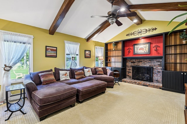 11 Kim Ave, Smithtown, NY 11787 - carpeted living area featuring ceiling fan, a brick fireplace, and a baseboard radiator