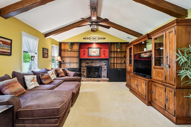 11 Kim Ave, Smithtown, NY 11787 - living room with light carpet, ceiling fan, and a brick fireplace