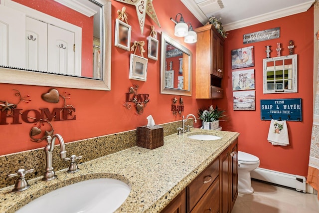 11 Kim Ave, Smithtown, NY 11787 - full bathroom with a baseboard radiator, crown molding, double vanity, and tile patterned flooring