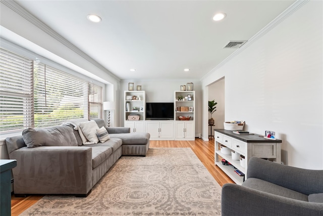 15 Chambers Ct, Huntington Station, NY 11746 - living area featuring crown molding, light wood-type flooring, and recessed lighting