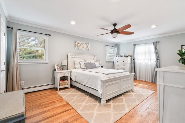 15 Chambers Ct, Huntington Station, NY 11746 - bedroom with a baseboard radiator, multiple windows, ornamental molding, light wood finished floors, and recessed lighting
