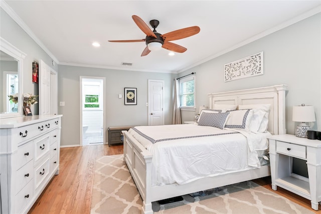 15 Chambers Ct, Huntington Station, NY 11746 - bedroom with light wood-style flooring, ornamental molding, recessed lighting, and ceiling fan