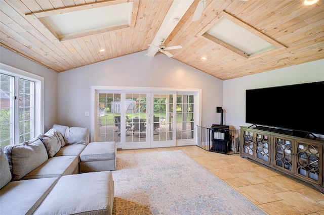14 Flower Hill Rd, Poughkeepsie, NY 12603 - living room with wood ceiling, french doors, recessed lighting, stone tile floors, and ceiling fan