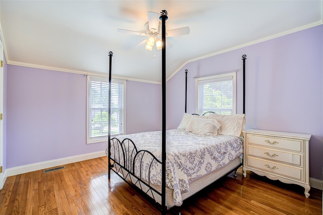 14 Flower Hill Rd, Poughkeepsie, NY 12603 - bedroom with wood finished floors, ornamental molding, lofted ceiling, and a ceiling fan
