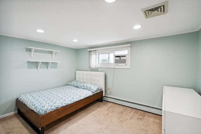11 Sunrise St, Plainview, NY 11803 - bedroom with a baseboard heating unit, light carpet, recessed lighting, ornamental molding, and cooling unit