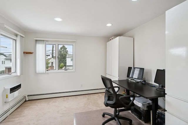 11 Sunrise St, Plainview, NY 11803 - office space featuring a baseboard heating unit, light colored carpet, recessed lighting, and a wall mounted air conditioner