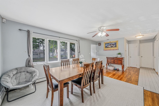 43 Ranch Dr, Shirley, NY 11967 - dining room featuring wood finished floors, a ceiling fan, and attic access