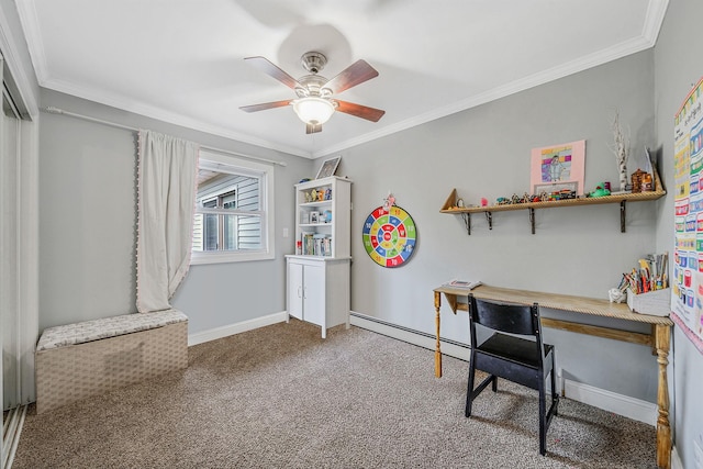43 Ranch Dr, Shirley, NY 11967 - carpeted home office with ornamental molding, ceiling fan, and a baseboard heating unit