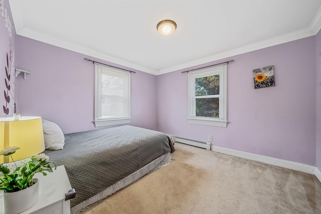 43 Ranch Dr, Shirley, NY 11967 - carpeted bedroom with baseboard heating and crown molding