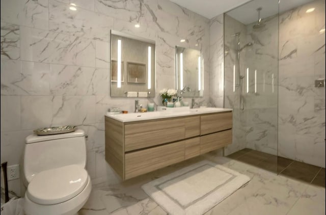 131-01 40th Rd Unit 11N, Flushing, NY 11354 - bathroom with marble tiled floors, tile walls, double vanity, and a marble finish shower