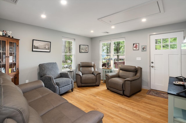 3 Preston Pl, Patterson, NY 12563 - living room featuring attic access, recessed lighting, and light wood-style flooring