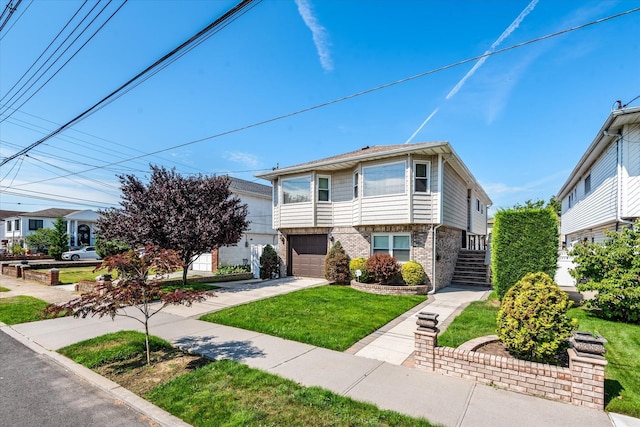 160-46 84th St, Howard Beach, NY 11414 - view of front facade featuring driveway, brick siding, an attached garage, a front yard, and stairs
