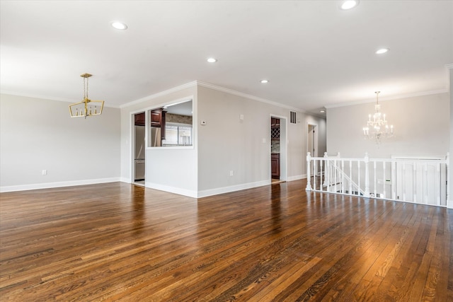160-46 84th St, Howard Beach, NY 11414 - unfurnished living room with a chandelier, dark wood-style flooring, recessed lighting, and crown molding