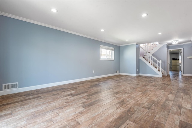 160-46 84th St, Howard Beach, NY 11414 - empty room with crown molding, stairs, wood finished floors, and recessed lighting