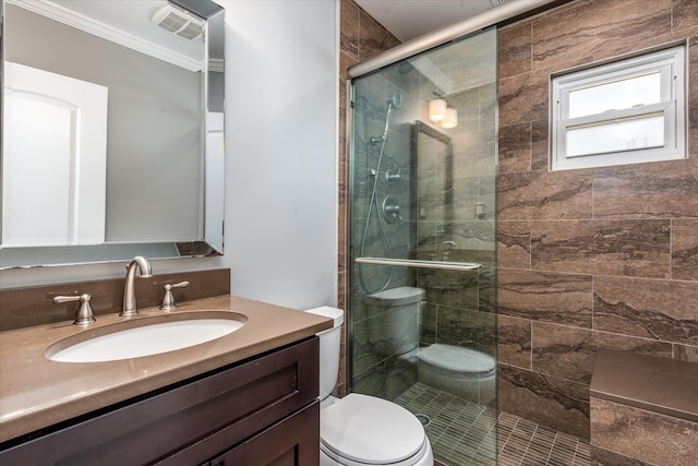 160-46 84th St, Howard Beach, NY 11414 - bathroom with vanity, a shower stall, and ornamental molding