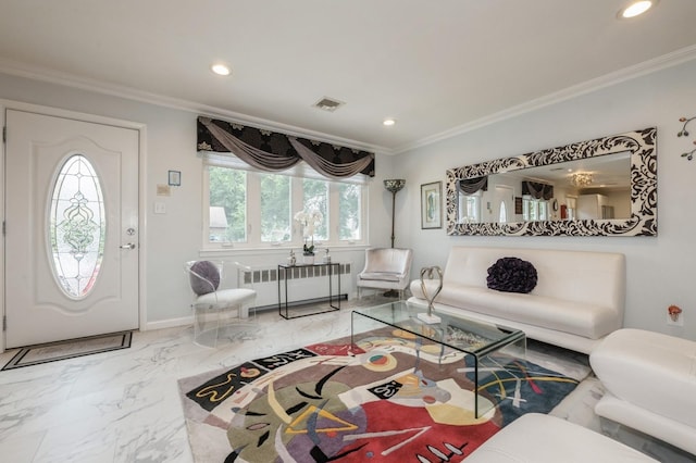 3300 Walters Ave, Wantagh, NY 11793 - living room with radiator heating unit, recessed lighting, marble finish floors, and crown molding