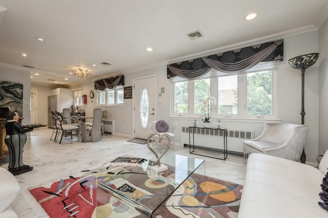3300 Walters Ave, Wantagh, NY 11793 - living area with radiator, light marble finish flooring, crown molding, and recessed lighting