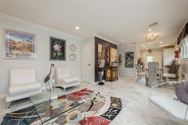 3300 Walters Ave, Wantagh, NY 11793 - living area with recessed lighting, light marble finish flooring, and crown molding